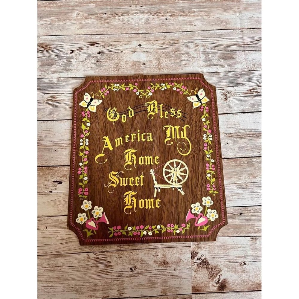 Vintage Boho Cottagecore Painted Wood God Bless America Sign